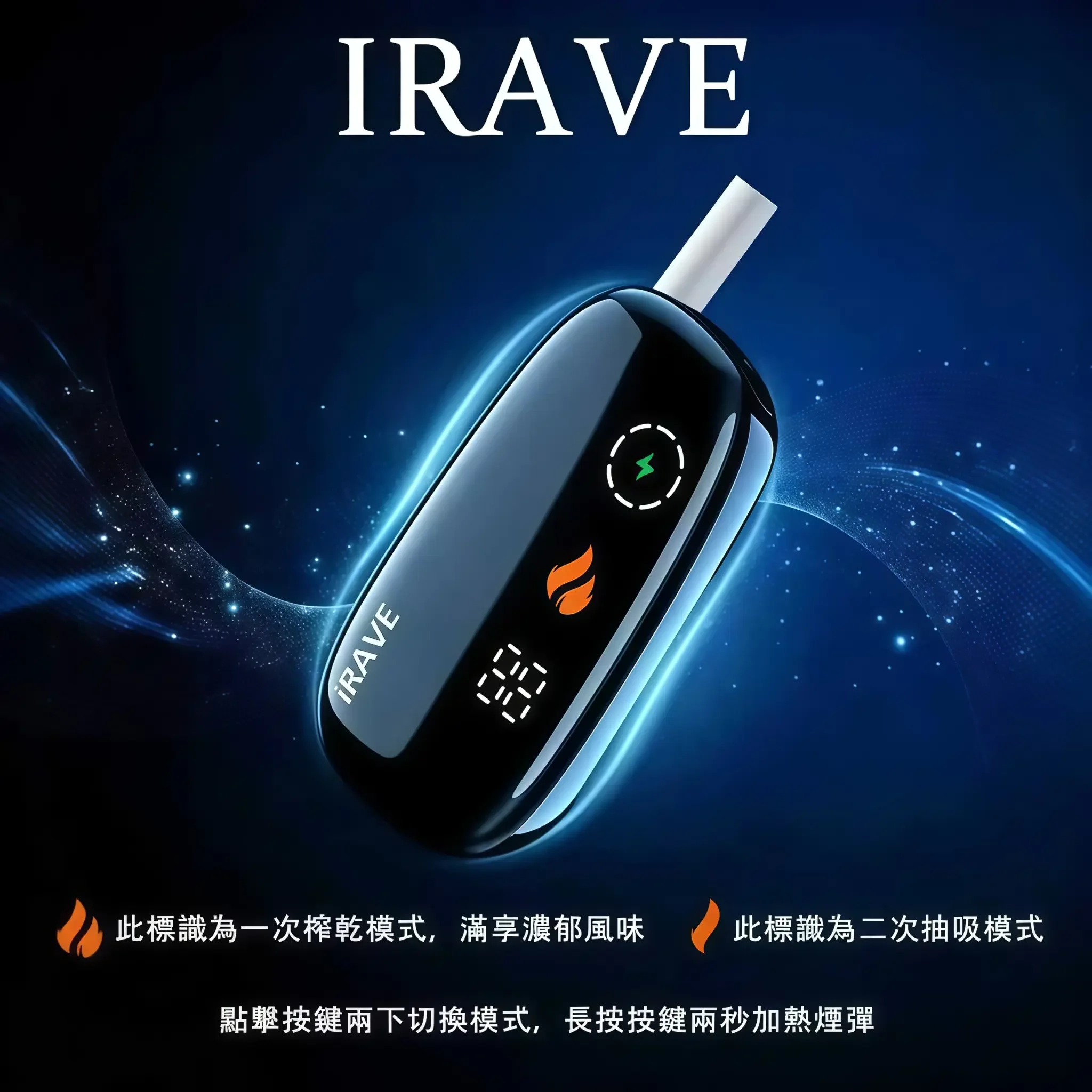iRAVE 二回加熱菸主機 - 極致輕量與二段使用模式 iRAVE 二回機加熱菸主機,支援 IQOS TEREA 煙彈一彈二抽,極致輕量 48g 設計